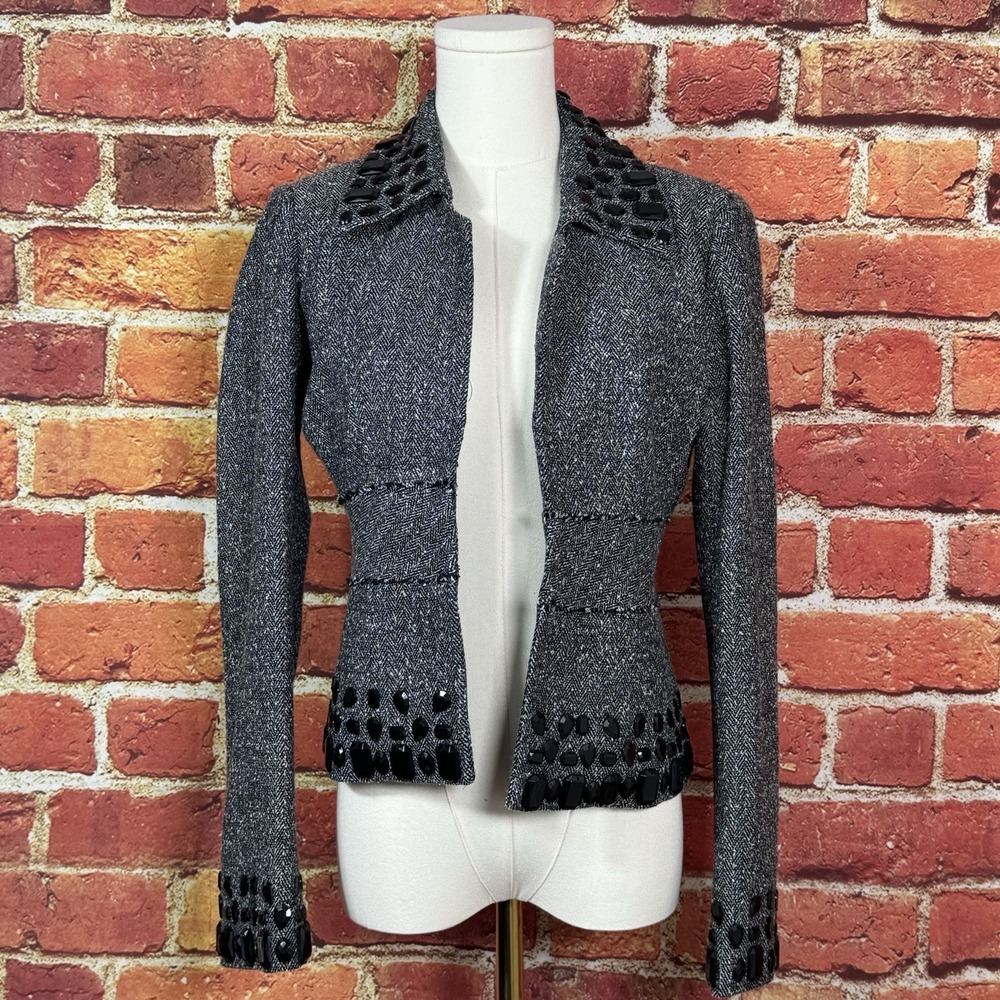 White House Black Market Women's Tweed Blazer‎ Jacket Size 2 Black Silver EUC